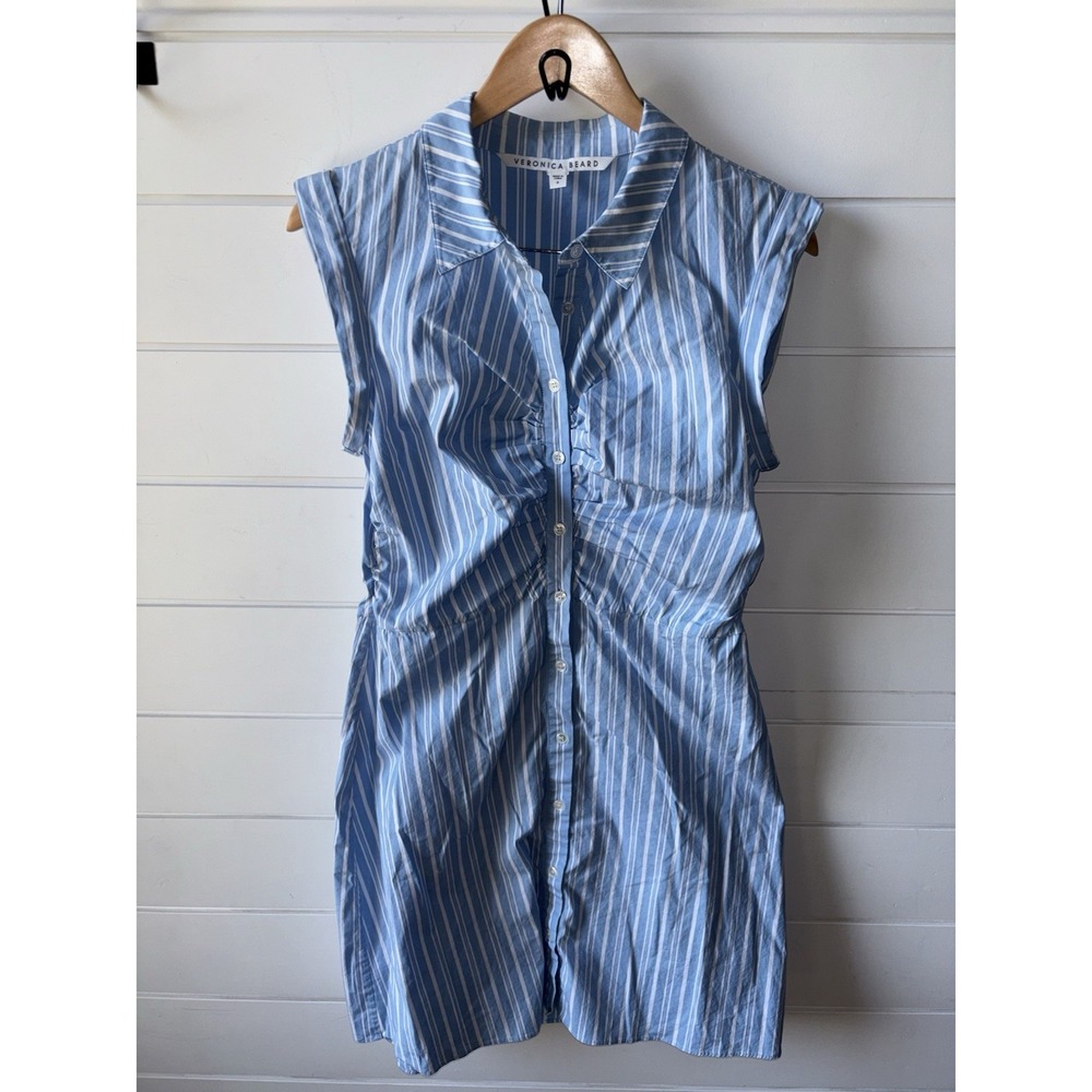 Veronica Beard Ferris Ruched Blue & White Striped Dress Stretch Cotton Size: 8 - Picture 3 of 9